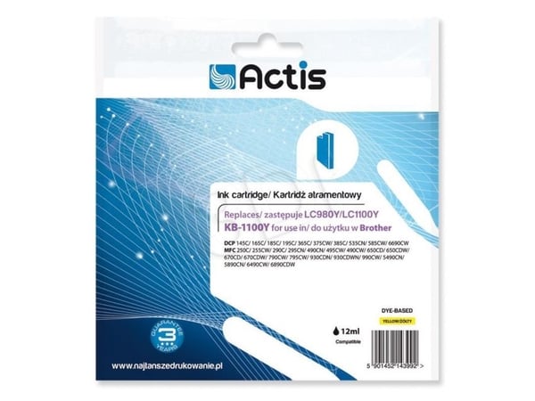 Actis KB-1100Y, Standard utskriftsproduksjon, Fargestoffbasert blekk, 19 ml, 1 stykker, Enkeltpakke