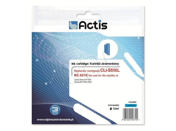 Actis KC-551C, Standard utskriftsproduksjon, Cyan, Fargestoffbasert blekk, 12 ml, 1 stykker, Enkeltpakke