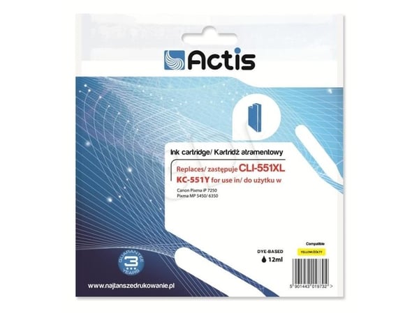 Actis KC-551Y, Standard utskriftsproduksjon, Gult, Fargestoffbasert blekk, 12 ml, 1 stykker, Enkeltpakke