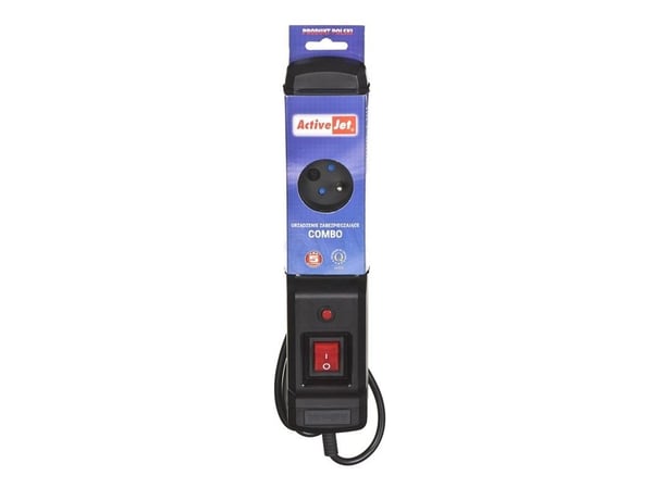 Activejet COMBO-IEC-3G/1.5M, 1.5 m, 3 pistorasiaa (pistorasioita), sisäkäyttöön, tyyppi E (FR), muovi, musta