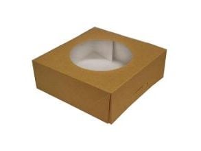 Kageæske hængslet låg høj L190xB190xH80mm pap/plast med rund rude brun/hvid,100 stk/krt