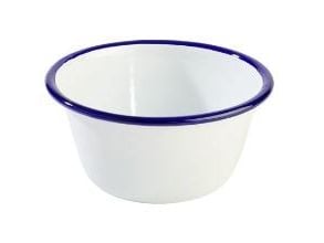 Skål 50 cl Ø13xH6 cm emaljerat stål vit med blå kant 10 st/fp