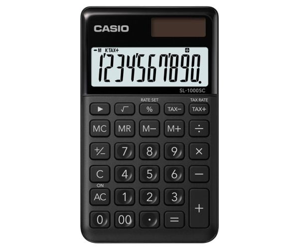 Casio SL-1000SC-BK, Tasku, Perus, 10 lukua, 1 linjat, Akku/Aurinko, Musta