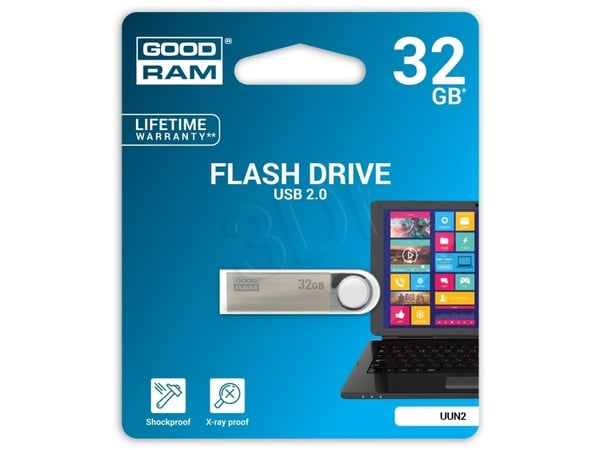 Goodram UUN2, 32 GB, USB A-tyyppi, 2.0, 20 MB/s, Taittuva, Hopea