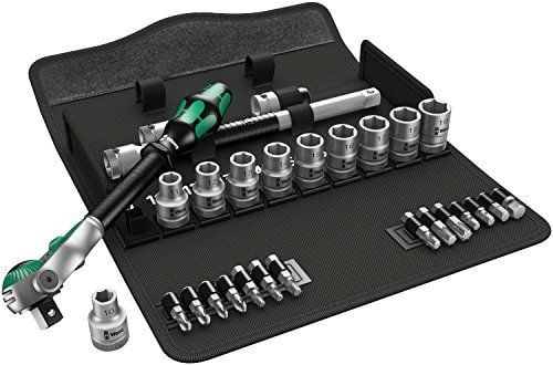 Wera Tools 8100 SC 6, stikkontaktsett, 28 stk, svart, grønn, skrallehåndtak, 1 stk, 1/2"