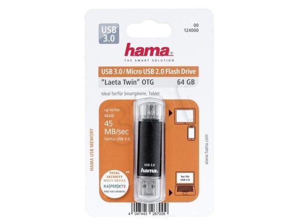Hama Laeta Twin, 64GB, 64 GB, USB Type-A / Micro-USB, 3.2 Gen 1 (3.1 Gen 1), Med lokk, Svart