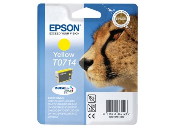 Epson Cheetah Singlepack Yellow T0714 DURABrite Ultra Ink, Keltainen, Väriainepohjainen muste, 1 kpl