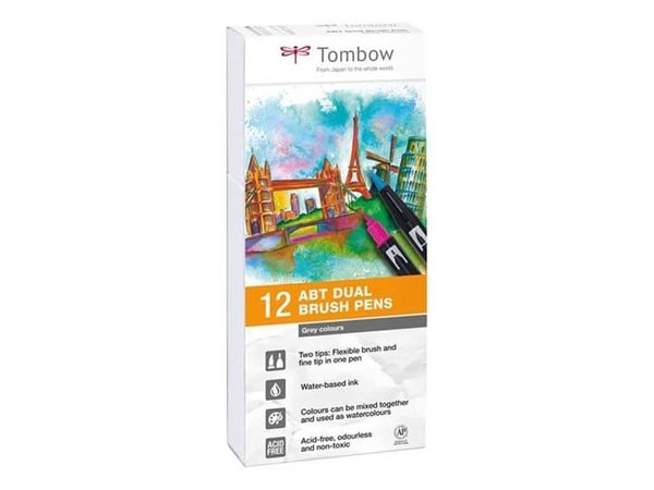 Tombow ABT-12P-3, Fint, 12 farger, Sort, Grå, Hvit, Flerfarget, Rund, Vann-basert blekk