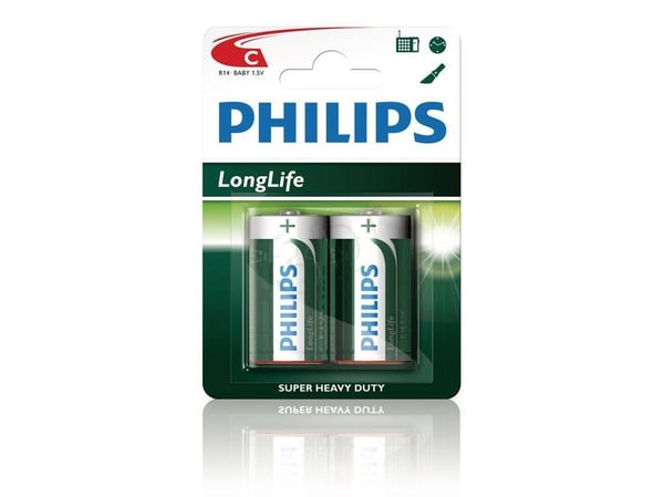 Philips LongLife Batteri R14L2B/10, Engangsbatteri, Sink-Karbon, 1,5 V, Grønn, Hvit, 26,2 mm, 26,2 mm