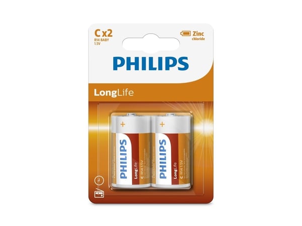 Philips LongLife Batteri R14L2B/10, Engangsbatteri, Sink-Karbon, 1,5 V, Grønn, Hvit, 26,2 mm, 26,2 mm