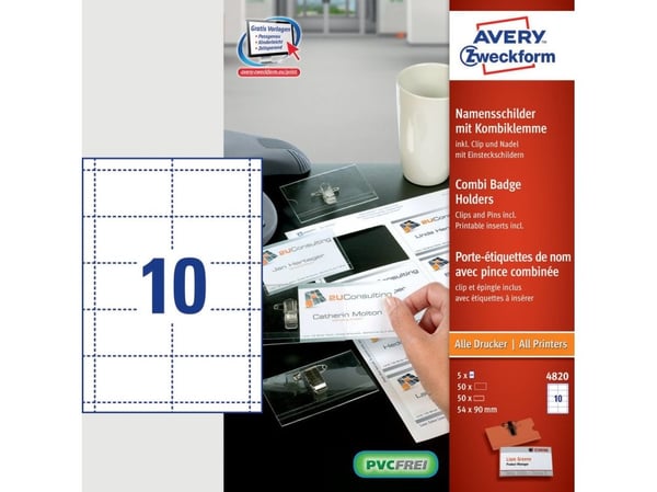 Namnbrickor Avery 4820 combi set klar 54x90mm med clips och nål - (förpackning med 50)