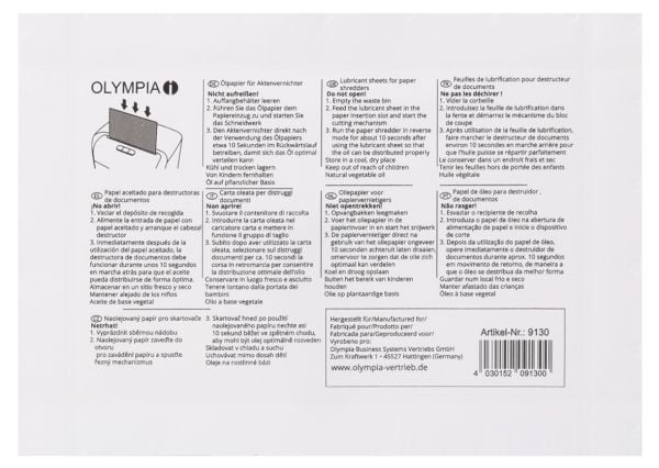 OLYMPIA - Smøreark for makuleringsmaskin (en pakke 12)