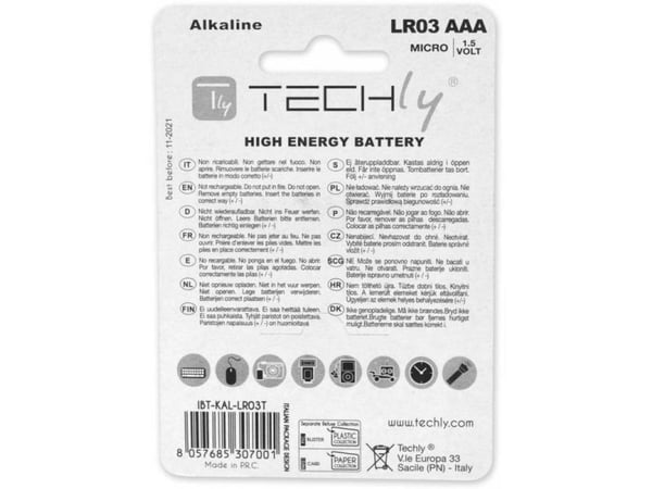Techly LR03 AAA 1.5V, Engangsbatteri, AAA, Alkalinsk, 1,5 V, 4 stykker, Flerfarget