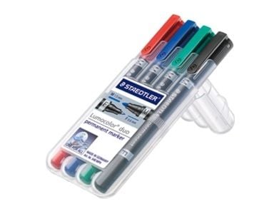 STAEDTLER Lumocolor duo - Kaksoiskärkinen tussi - pysyvä - musta, punainen, sininen, vihreä - 1,5 mm / 0,6 mm - keskikokoinen / hieno (4 kpl pakkaus)