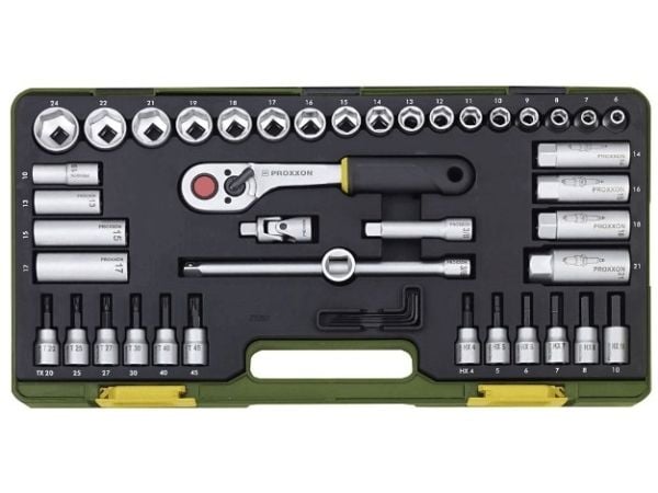 Proxxon 23 282, Hylsnyckeluppsättning, 47 styck, Krom, Handtag till hylsnyckel, 3/8", 6,7,8,9,10,11,12,13,14,15,16,17,18,19,21,22,24 mm