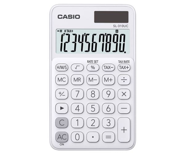 Casio SL-310UC-WE, Tasku, Perus, 10 lukua, 1 linjat, Akku/Aurinko, Valkoinen