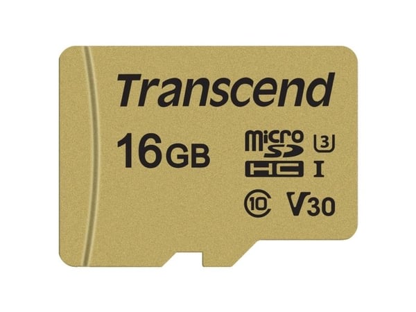 Transcend 500S - Flashminnekort (microSDHC til SD-adapter inkludert) - 16 GB - Video Class V30 / UHS-I U3 / Class10 - microSDHC