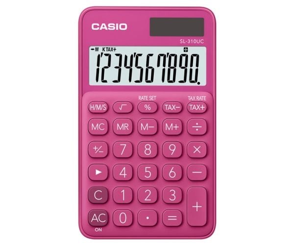 Casio SL-310UC-RD, Tasku, Perus, 10 lukua, 1 linjat, Akku/Aurinko, Punainen