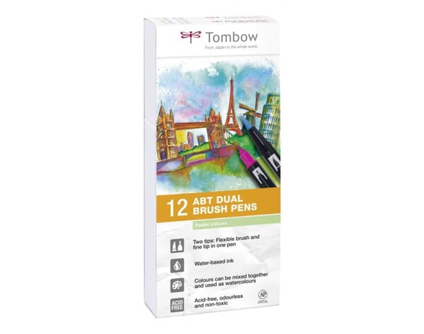 Tombow ABT-12P-2, Fint, 12 farger, Blå, Grønn, Grå, Lyseblå, Lysegrønn, Mint, Rosa, Lilla, Gult, Flerfarget, Rund, Vann-basert blekk