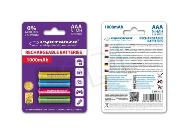 SYMAGFjernlager: ESPERANZA EZA107 Ni-MH AAA oppladbare batterier 1000 mAh, 4 stk (blandede farger)