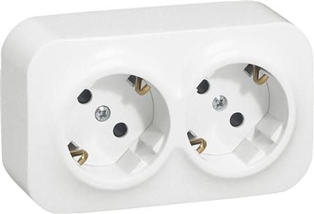 LEGRAND Forix indendørs dobbelt stikkontakt SCHUKO standard med pille sikring, 16A 2 x 2P+jord . Komplet i udvendigt underlag, Hvid.