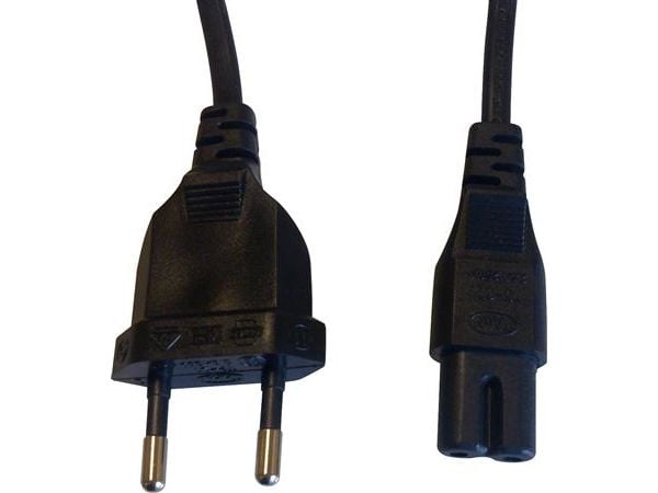 Netledning 240 VAC med flad EURO stik uden jord - shaver apparatstik, længde 1,8 meter, sort