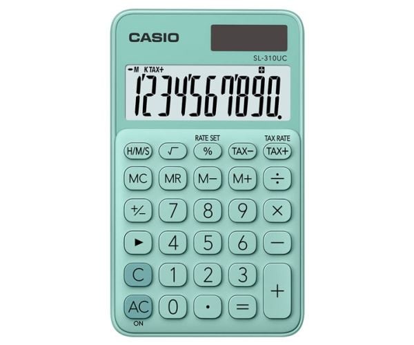 Casio SL-310UC-GN, Tasku, Perus, 10 lukua, 1 linjat, Akku/Aurinko, Vihreä