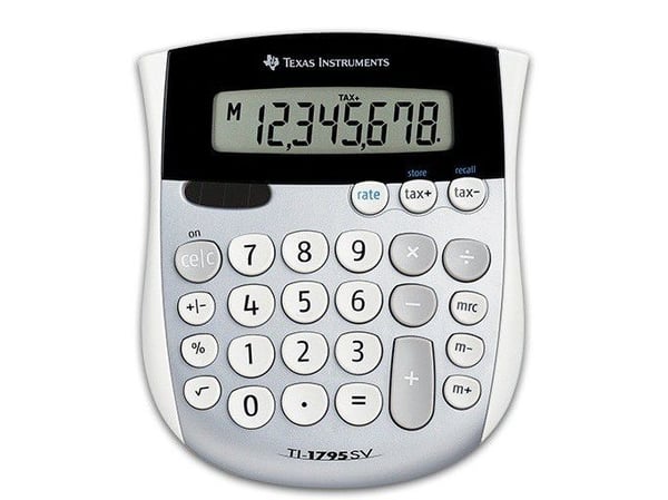 Texas Instruments TI-1795 SV 8-sifret kalkulator - solcellepanel, batteri, bordmodell