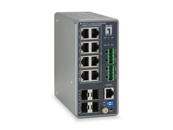 LevelOne IGP-1271 - Switch - L3 Lite - Styrt - 8 x 10/100/1000 (PoE+) + 4 x Gigabit SFP - DIN-skinnemonterbar - PoE+ (240 W) - DC power
