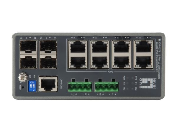 LevelOne IGP-1271 - Switch - L3 Lite - Styrt - 8 x 10/100/1000 (PoE+) + 4 x Gigabit SFP - DIN-skinnemonterbar - PoE+ (240 W) - DC power