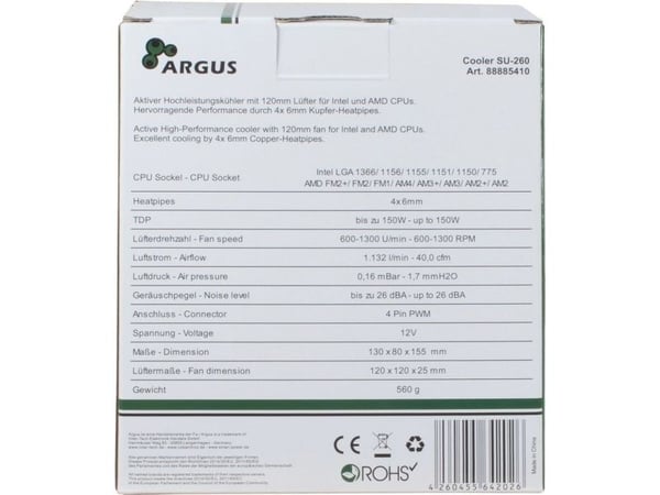 Argus SU-260 - Prosessorkjøler - (for: LGA775, LGA1156, AM2, AM2+, LGA1366, AM3, LGA1155, AM3+, FM1, FM2, LGA1150, LGA1151, AM4, LGA1200) - alumini...