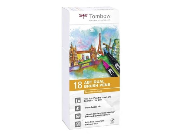 Tombow ABT-18P-2, Fint, 18 farger, Kulespiss og penselpenn, Flerfarget, Rund, Vann-basert blekk