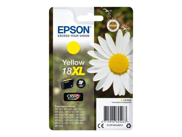 Epson 18XL - 6.6 ml - XL - gul - original - bläckpatron - för Expression Home XP-212, 215, 225, 312, 315, 322, 325, 412, 415, 422, 425