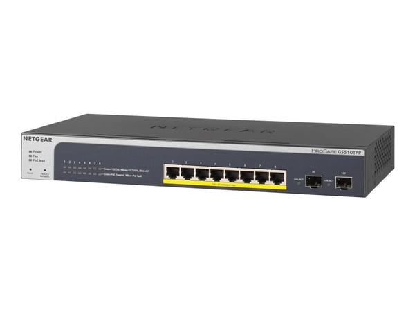 NETGEAR GS510TPP, Hallittu, L2/L3/L4, Gigabit Ethernet (10/100/1000), Täysin kaksipuolinen, Power over Ethernet -tuki, Telineasennus