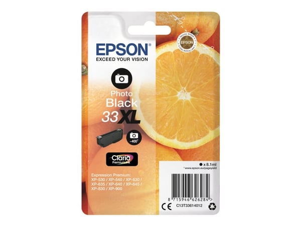 Epson Oranges Singlepack Photo Black 33XL Claria Premium Ink, Korkea (XL) värintuotto, Väripohjainen muste, 8,1 ml, 650 sivua, 1 kpl