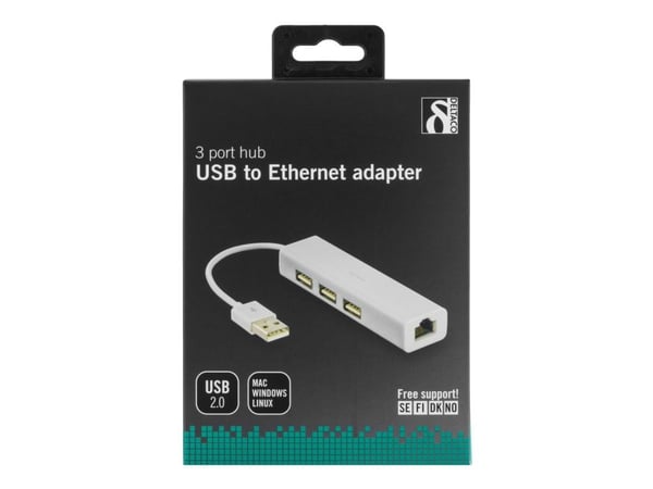 DELTACO USB2-LAN3 - Nätverkskort - USB 2.0 - 10/100 Ethernet x 1 + USB 2.0 x 3 - vit