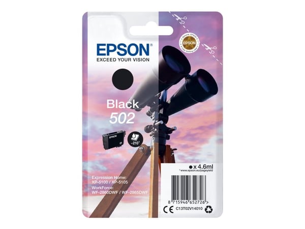 Epson Singlepack Black 502 Ink, Perusvärintuotto, Musta, Väriainepohjainen muste, 4,6 ml, 1 kpl, 210 sivua