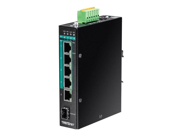 TRENDnet TI-PG541I - Switch - Styrt - 4 x 10/100/1000 (PoE+) + 1 x 10/100/1000 + 1 x Gigabit SFP - DIN-skinnemonterbar - PoE+ (120 W) - TAA-samsvar