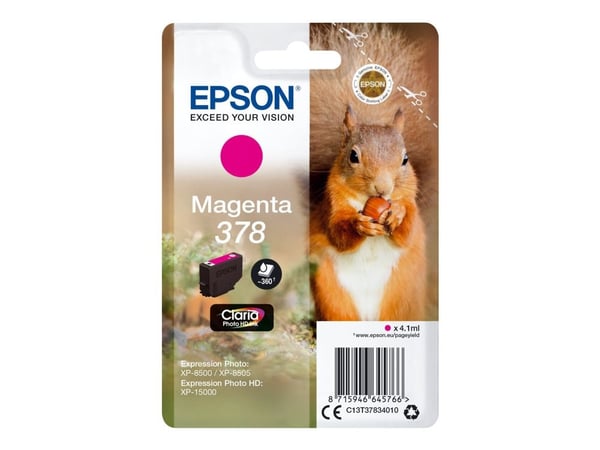 Epson Squirrel Singlepack Magenta 378 Claria Photo HD Ink, Perusvärintuotto, Väriainepohjainen muste, 4,1 ml, 360 sivua, 1 kpl