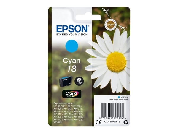 Epson 18 - 3.3 ml - cyan - original - blekkpatron - for Expression Home XP-212, 215, 225, 312, 315, 322, 325, 412, 415, 422, 425