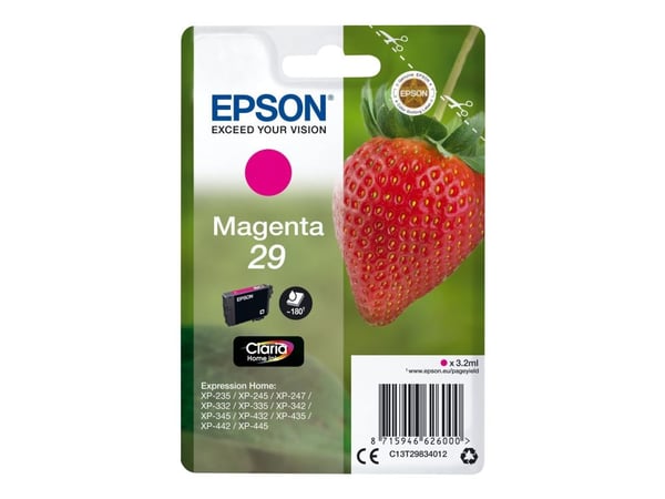 Epson Strawberry Singlepack Magenta 29 Claria Home Ink, Perusvärintuotto, Magenta, Väriainepohjainen muste, 3,2 ml, 1 kpl, 180 sivua