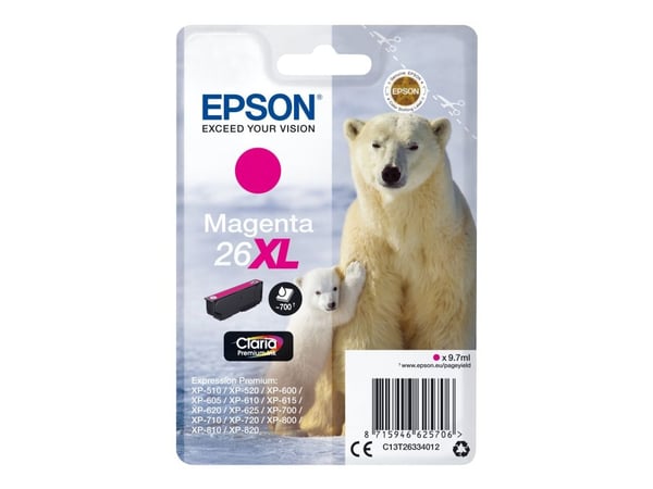 Epson Polar bear Yksittäispakkaus, magenta 26XL Claria Premium -muste, Korkea (XL) värintuotto, Väriainepohjainen muste, 9,7 ml, 700 sivua, 1 kpl