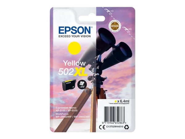 Epson 502XL - 6.4 ml - høykapasitets - gul - original - blære med RF/lyd-alarm - blekkpatron - for Expression Home XP-5100, XP-5150; WorkForce WF-2...