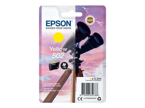 Epson Singlepack Yellow 502 Ink, Perusvärintuotto, Väriainepohjainen muste, 3,3 ml, 165 sivua, 1 kpl