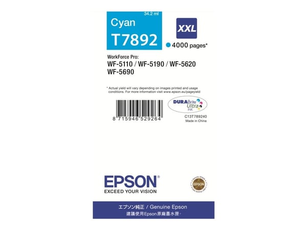 Epson T7892 - 34.2 ml - XXL-størrelse - cyan - original - blekkpatron - for WorkForce Pro WF-5110DW, WF-5190DW, WF-5190DW BAM, WF-5620DWF, WF-5690D...