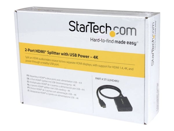 Startech HDMI Cable Splitter - 2 Port - 4K 30Hz - Powered - HDMI Audio / Video Splitter - 1 in 2 Out - HDMI 1.4 - Video/lyd-splitter - 2 x HDMI - s...
