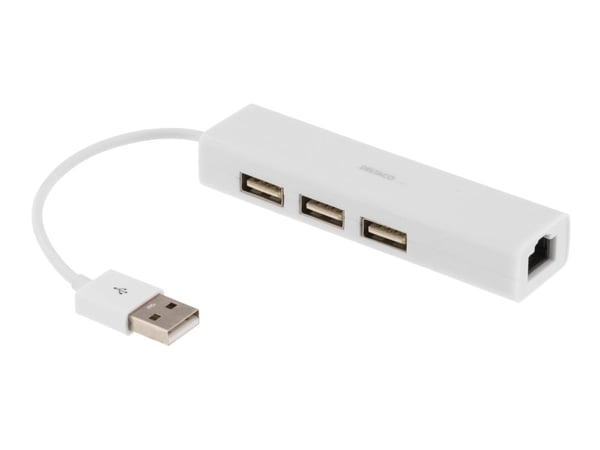 DELTACO USB2-LAN3 - Nätverkskort - USB 2.0 - 10/100 Ethernet x 1 + USB 2.0 x 3 - vit