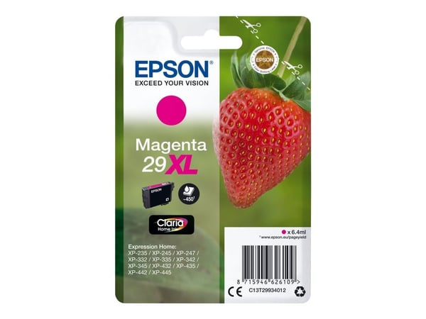 Epson Strawberry Singlepack Magenta 29XL Claria Home Ink, Korkea (XL) värintuotto, Väriainepohjainen muste, 6,4 ml, 450 sivua, 1 kpl