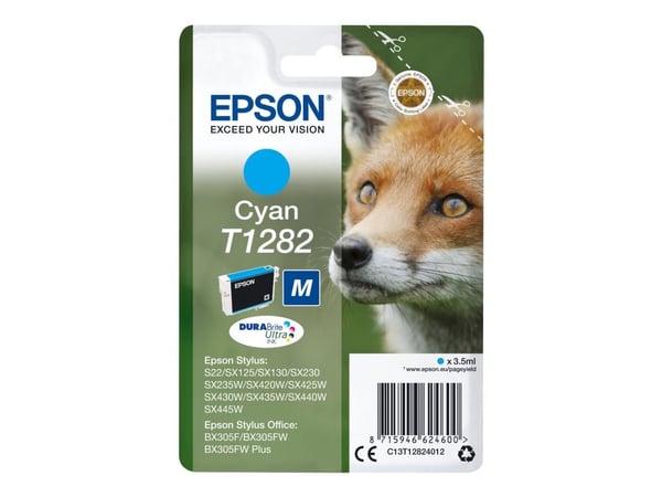 Epson Fox T1282 Kettu DURABrite Ultra, yksittäispakkaus, syaani muste, Syaani, 3,5 ml, 1 kpl, 260 sivua, Kertapakkaus
