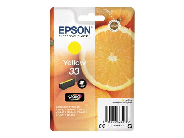 Epson Oranges Singlepack Yellow 33 Claria Premium Ink, Perusvärintuotto, Keltainen, Väriainepohjainen muste, 4,5 ml, 1 kpl, 300 sivua